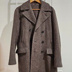 All Saints Brown Gray Double Breasted Long Peacoat Overcoat Sz Small